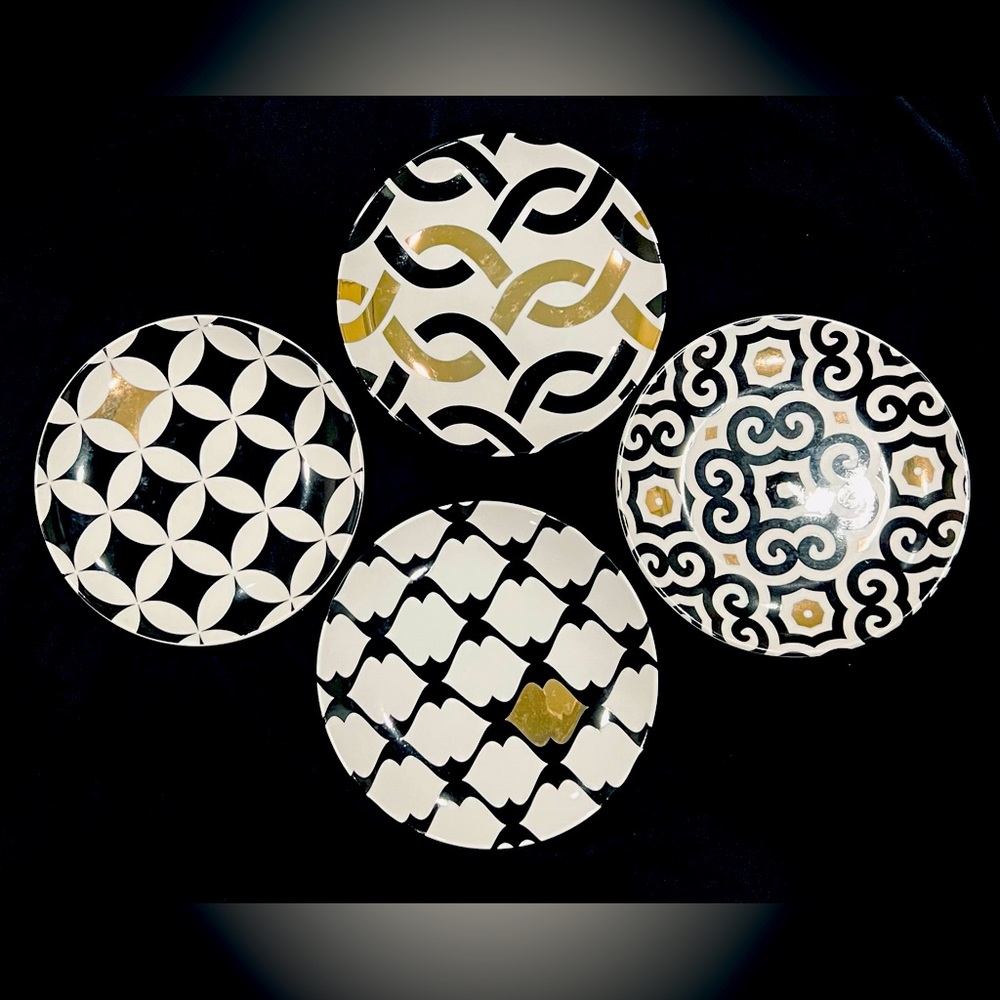 Set of Four Black and Gold Patterned Plates